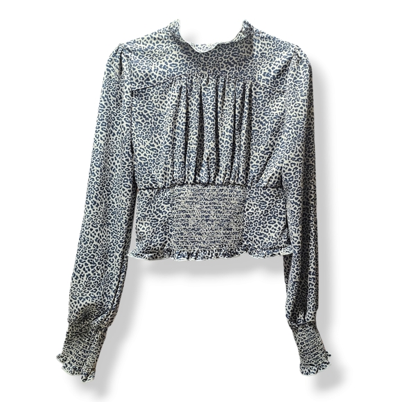 Free People Animal Print Ruffled Smocked Long Sleeve Blouse size Small - Picture 6 of 8